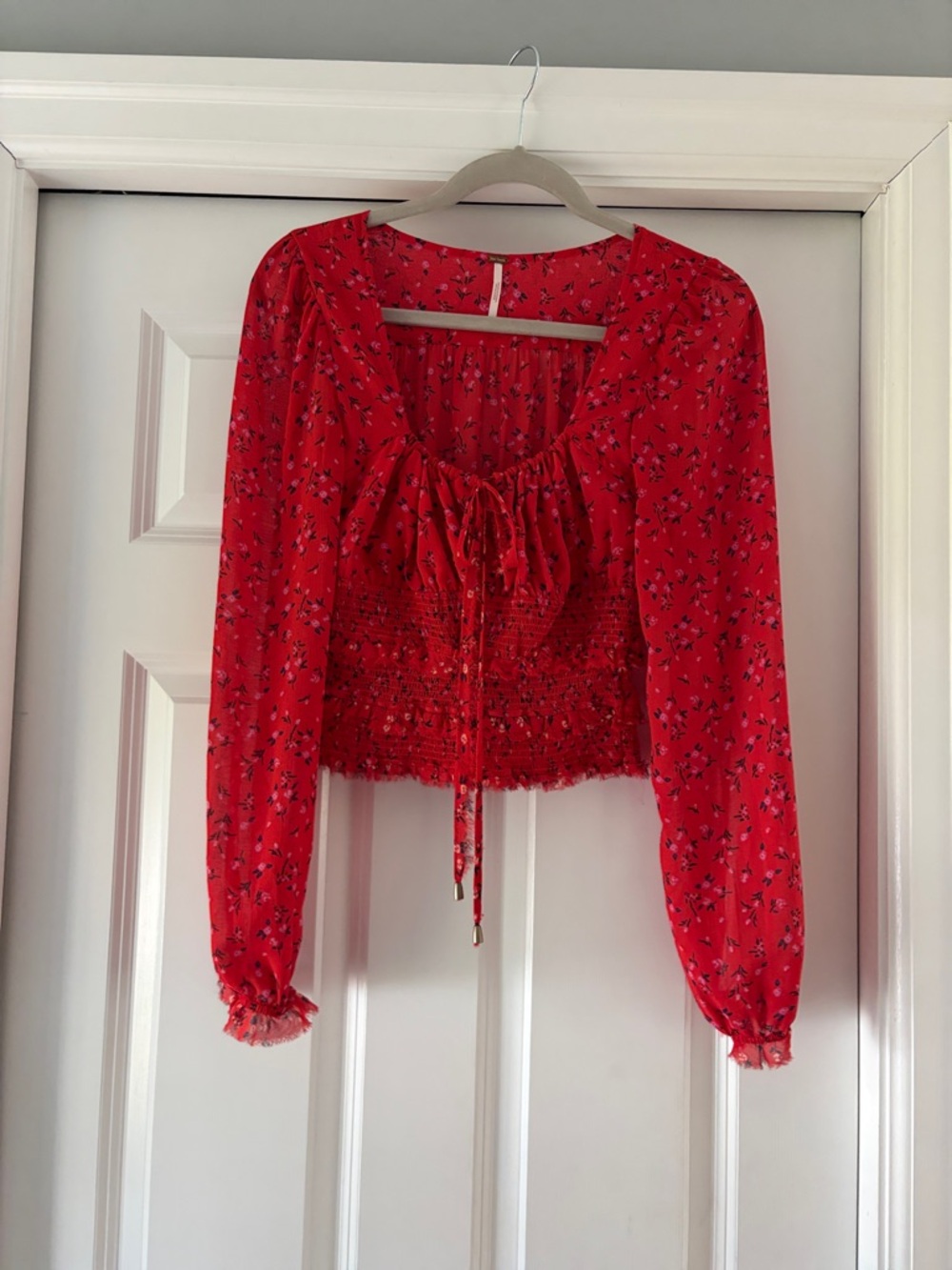 Free People Red Floral Smocked Tie-Front Crop Top